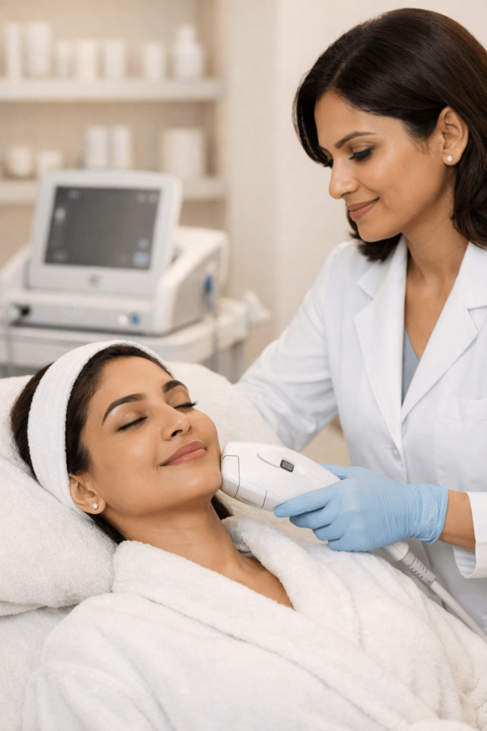Woman receiving HIFU treatment in Indian clinic.